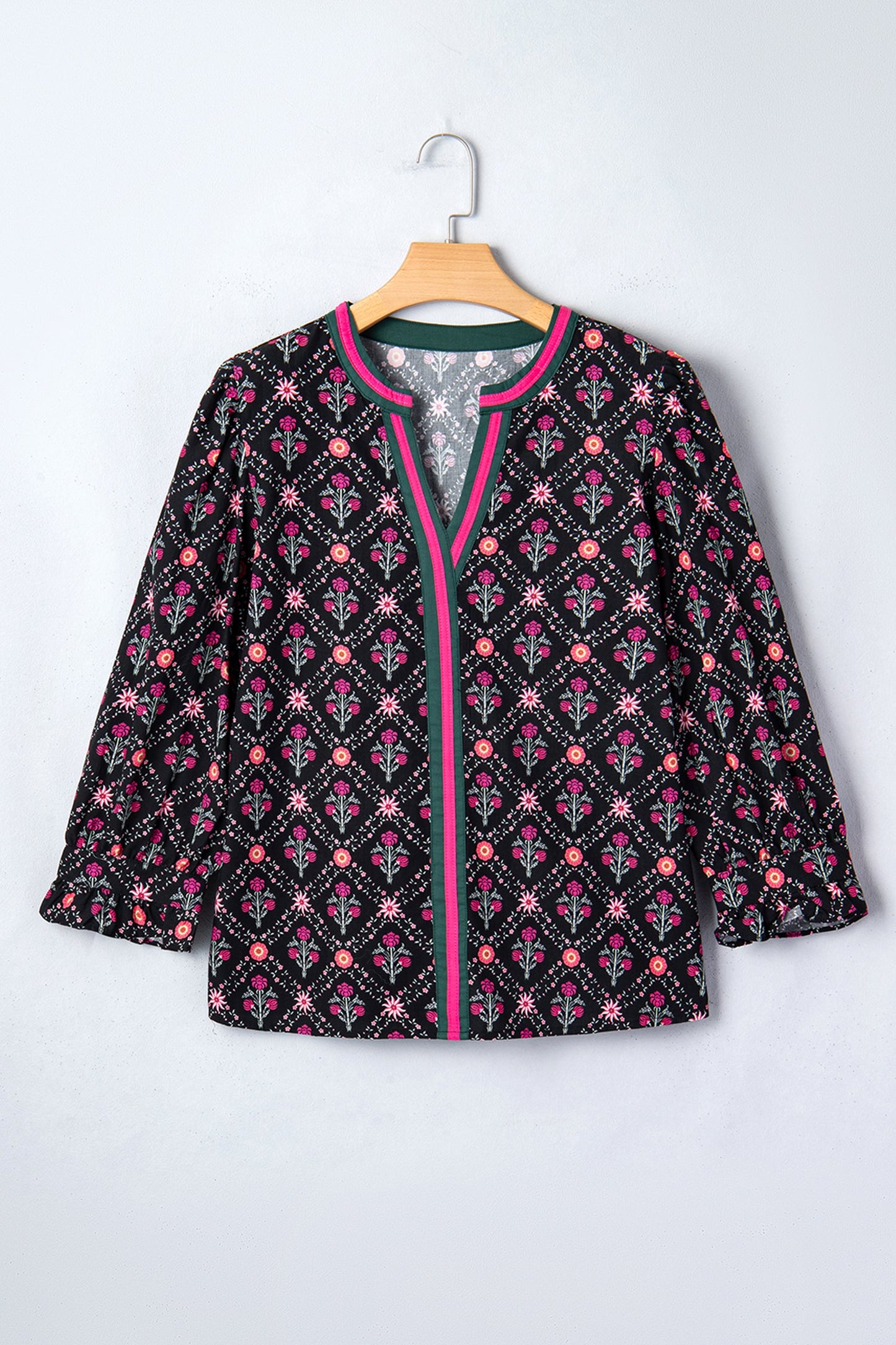 Blusa vintage floral con escote en V de contraste negro y manga tres cuartos