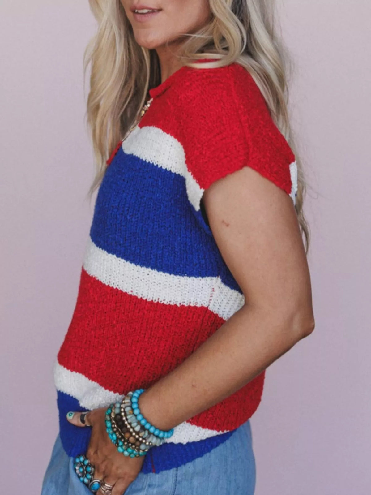 Striped Notched Short Sleeve Sweater