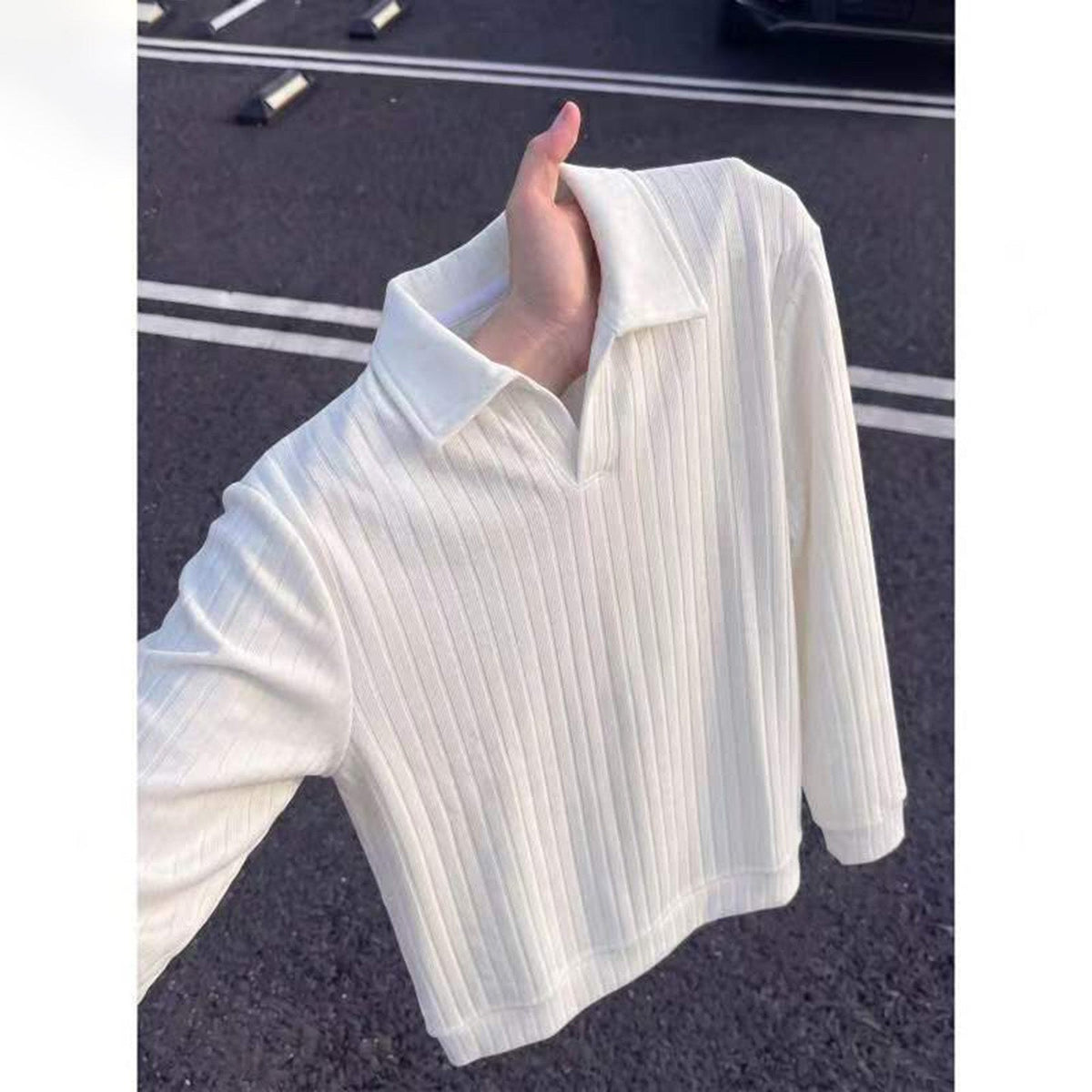 Old-money-style Vertical-striped Knit Mens American-style Long-sleeve Sweatshirt