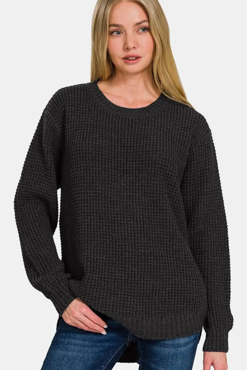 Trendsi Waffle Knit Sweater High Low — Casual Comfort