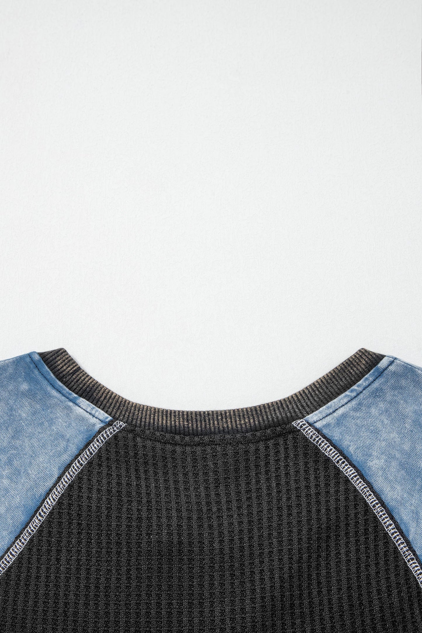 Carbon Grey Waffle Knit Seam Detail Color Block Patchwork Short Sleeve Top
