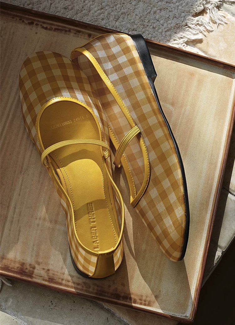Vintage Pastoral Plaid Mesh Mary Jane Shoes, New Summer Round Toe Ballet Flats For Women