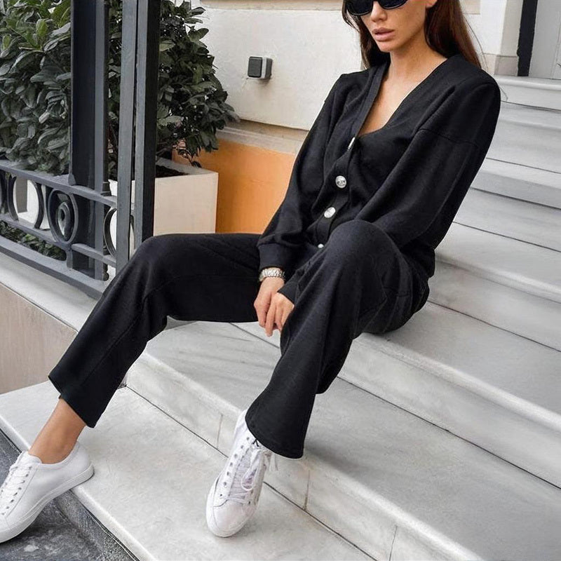 Cárdigan de punto casual con bolsillo y pantalón de salón con cordón ajustable