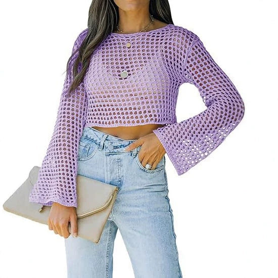 Long-sleeve Loose-fit Round-neck Hollow-out Sweater For Export