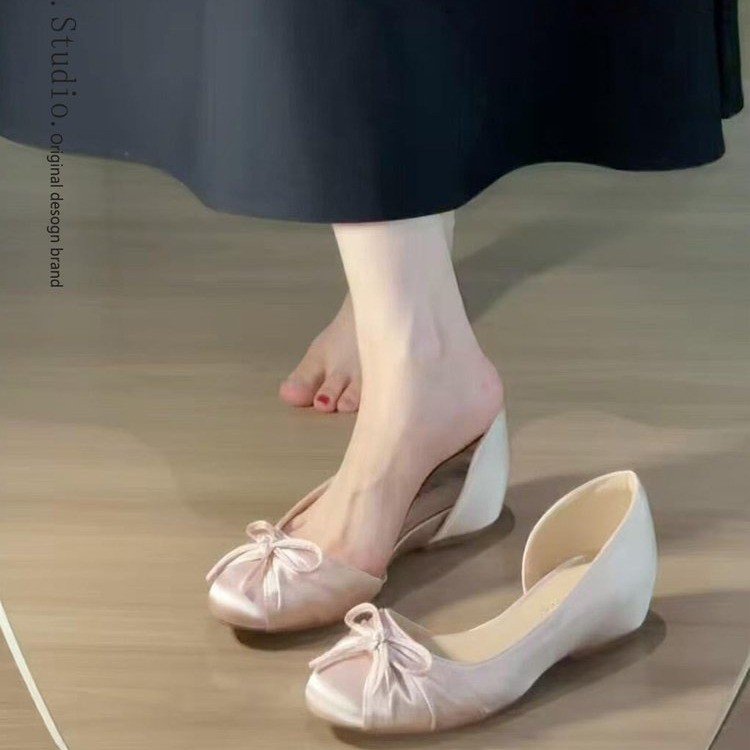 Elegant Celebrity Style Round Toe Satin Bow Flats, Women Comfortable French Banquet Low Cut Shoes