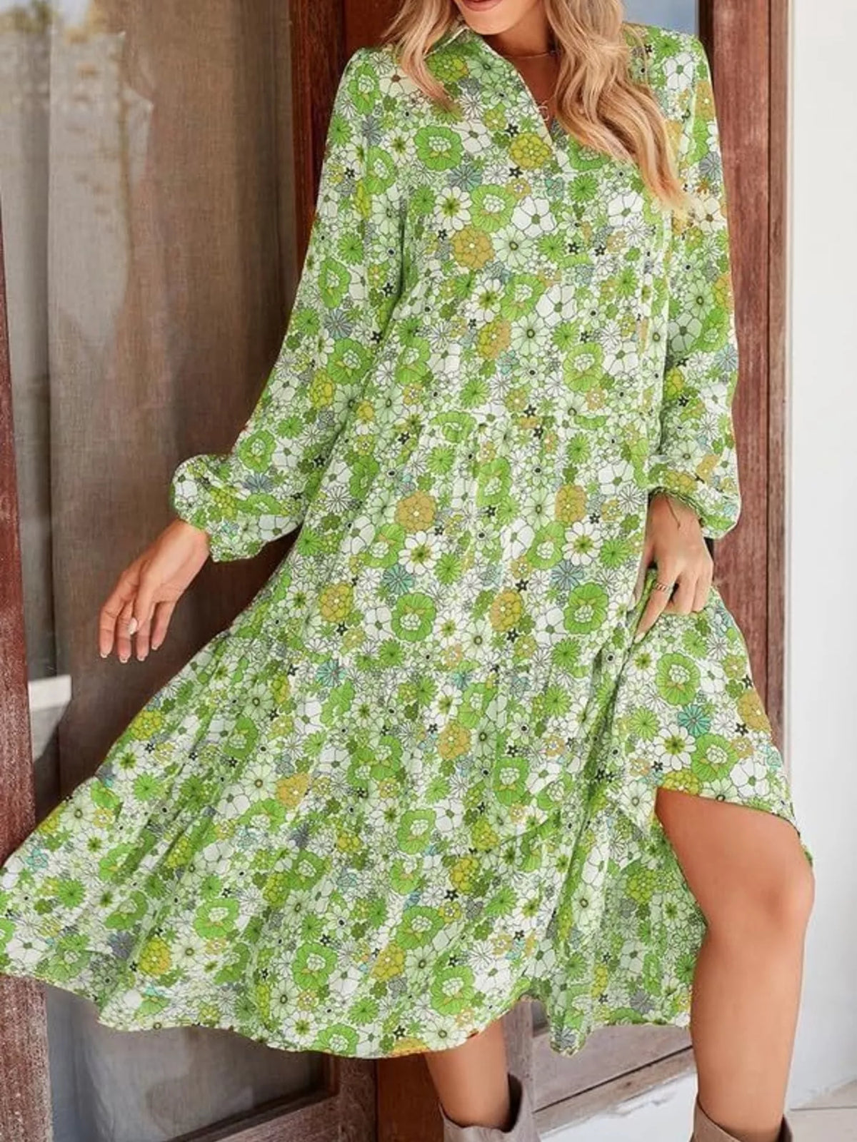 Floral Print Balloon Sleeve Midi Dress