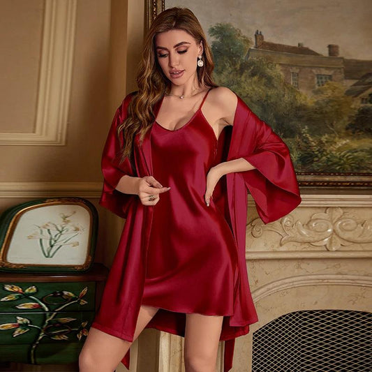 Pijama de seda helada para mujer, bata de verano, dos piezas, sexy con tirantes