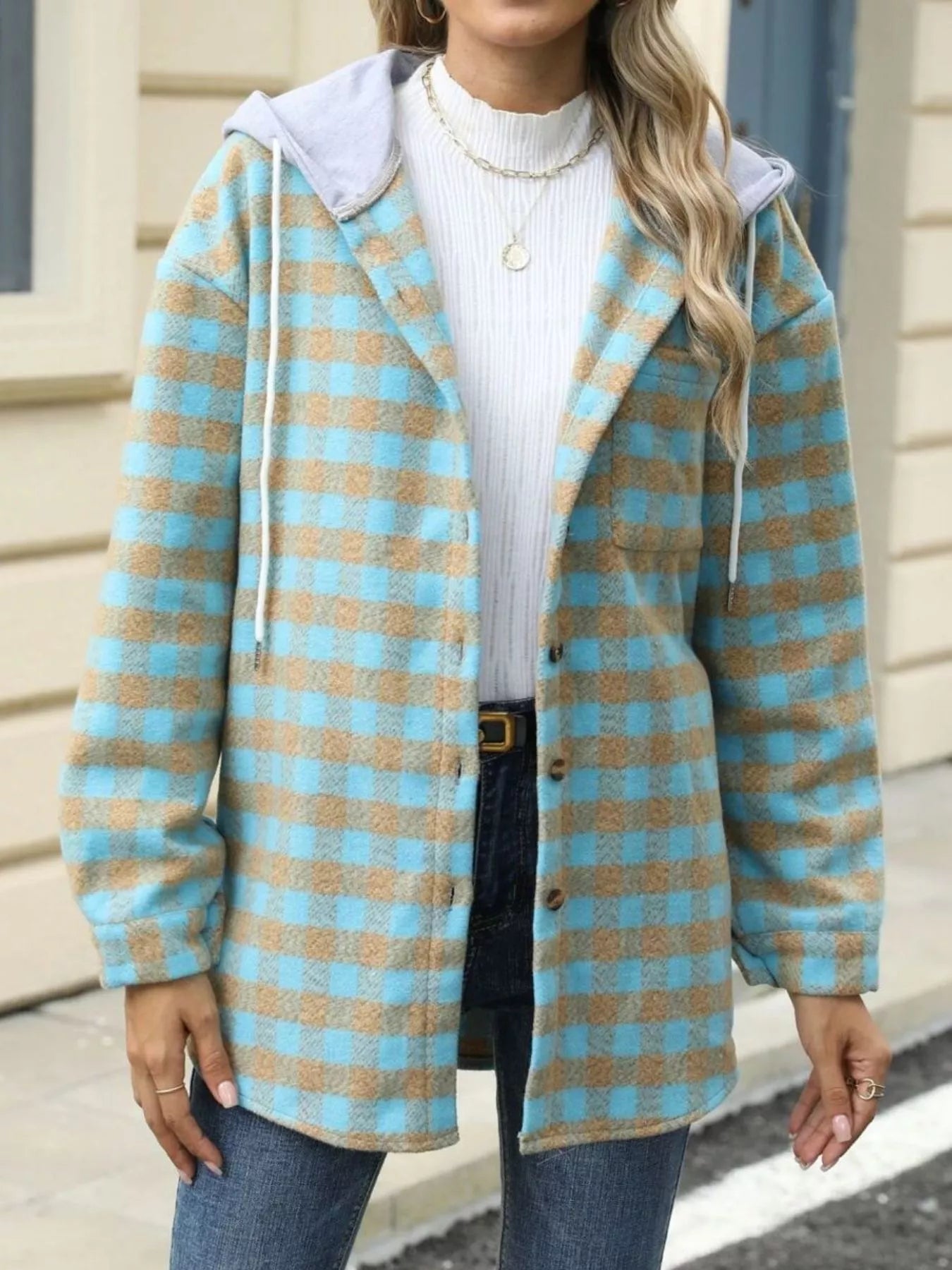 Plaid Button Up Long Sleeve Drawstring Hooded Jacket