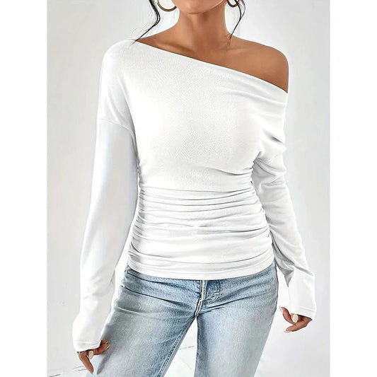 Blusas de mujer con hombros descubiertos, camisetas de manga larga, blusas de salir informales y modernas, camisetas fruncidas ajustadas