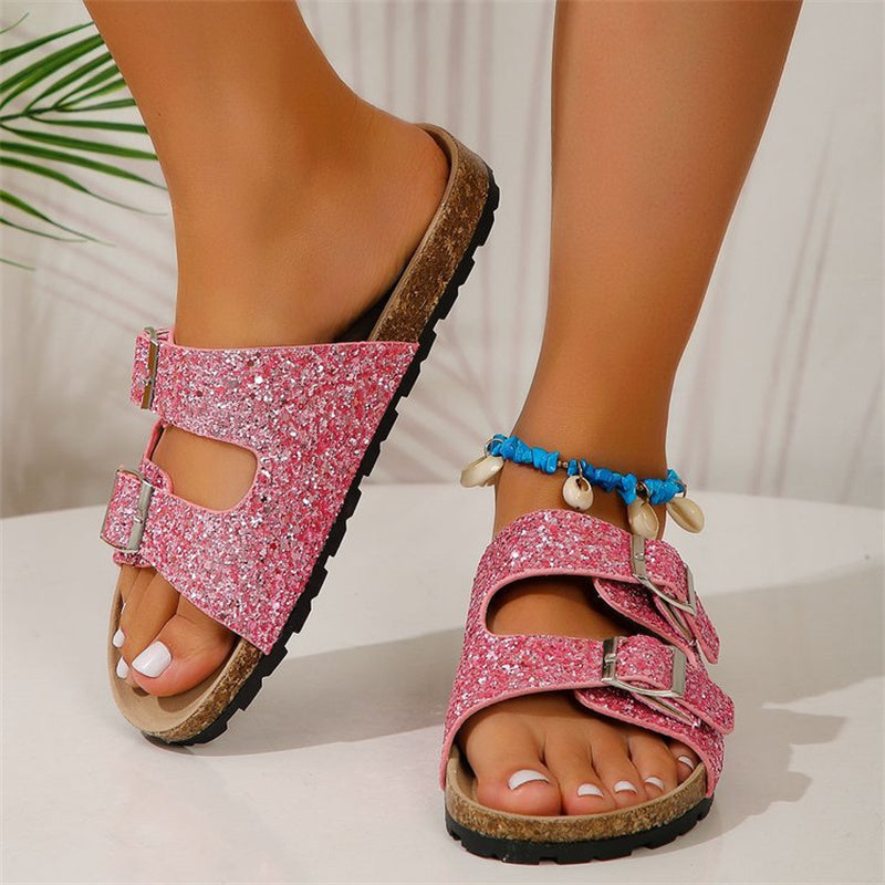 Women's Double Buckle Sequined Sandals