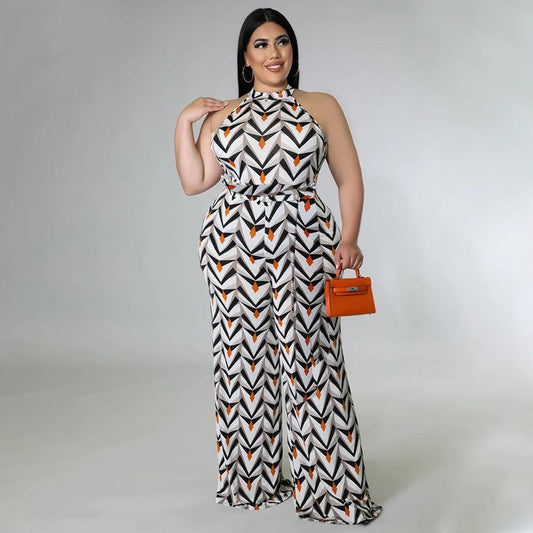 Mono estampado casual halter con cinturón de talla grande para mujer