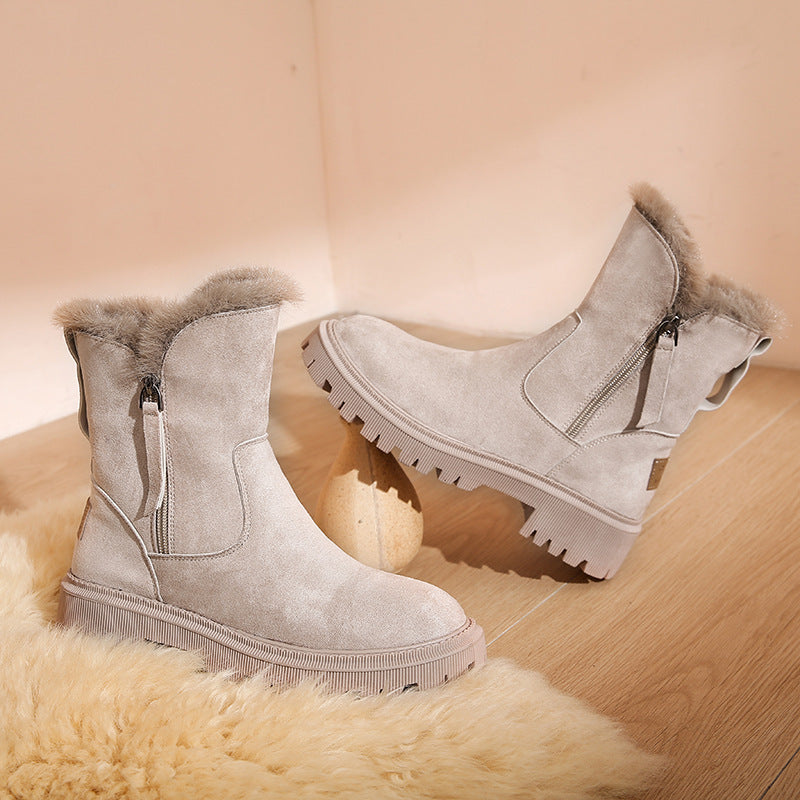 Womens Winter Fur-and-leather Snow Boots With Fleece Lining Casual Style