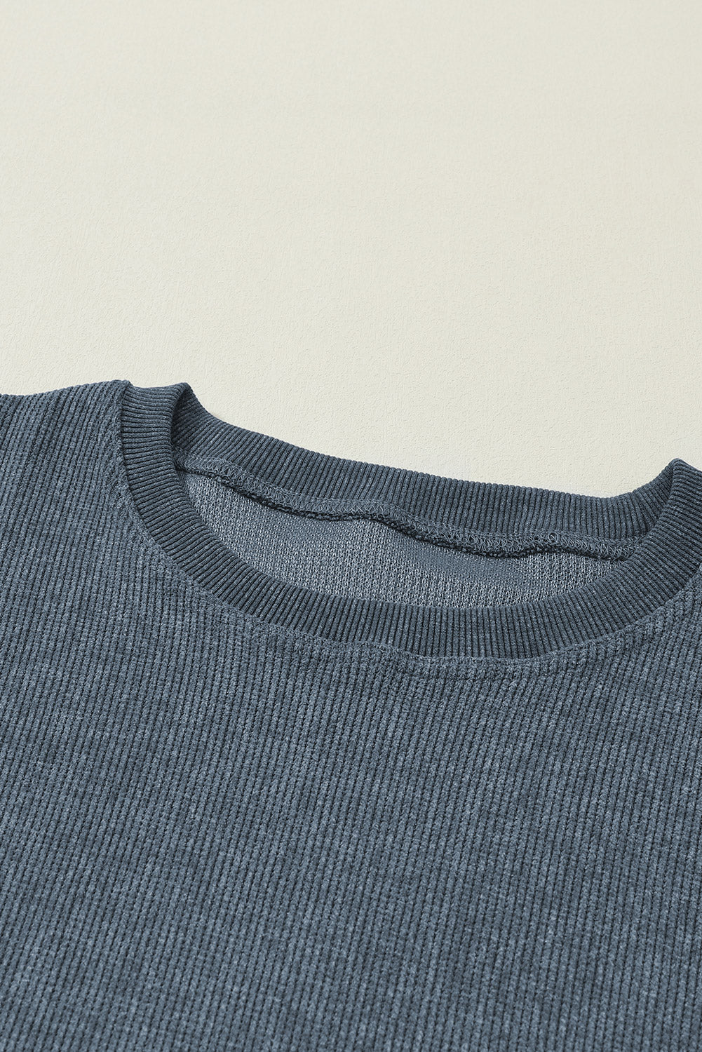 Sudadera Rosa Sólida de Punto Acanalado y Cuello Redondo