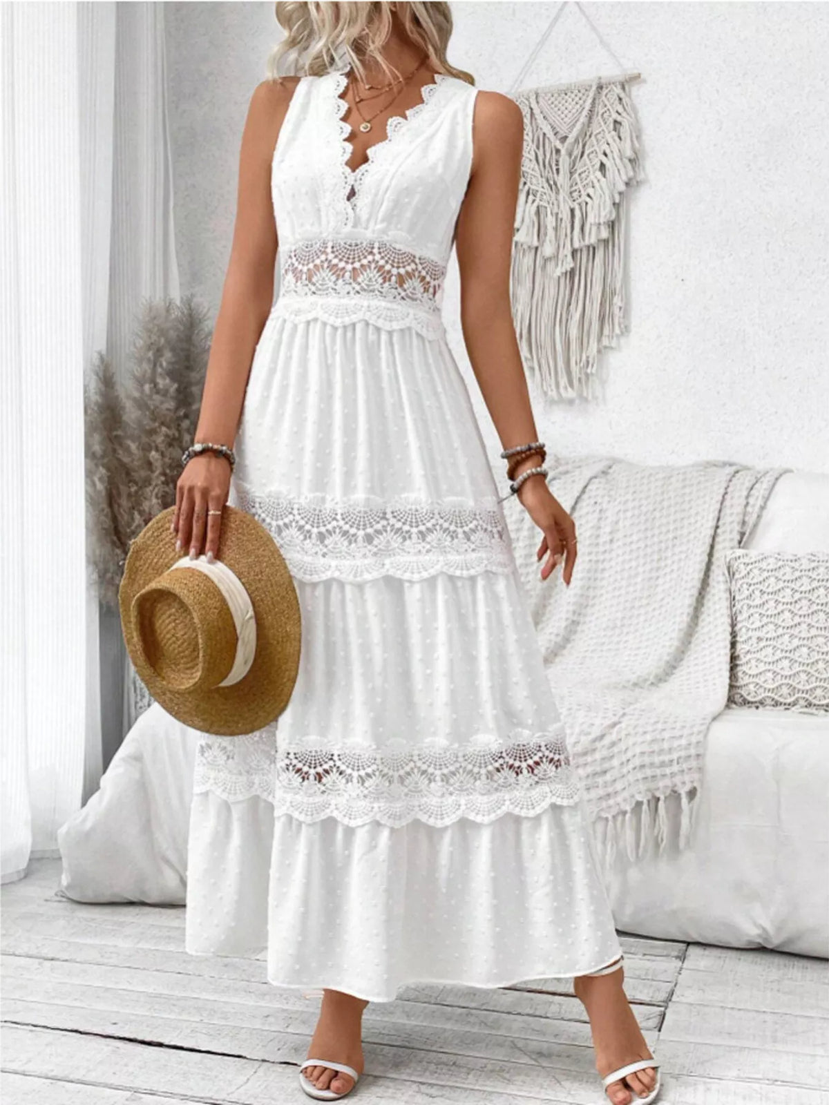 Full Size Lace Detail Tie Back Sleeveless Tiered Dress Plus Size