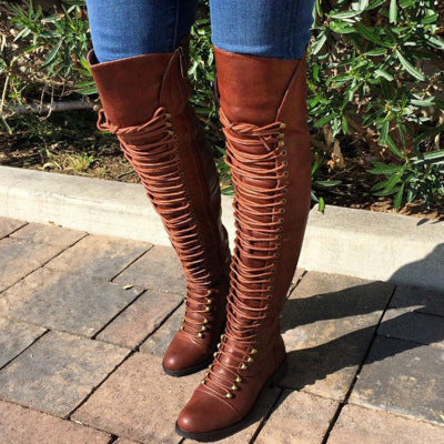 Women's Solid Color Over-the-knee Lace-up Boots