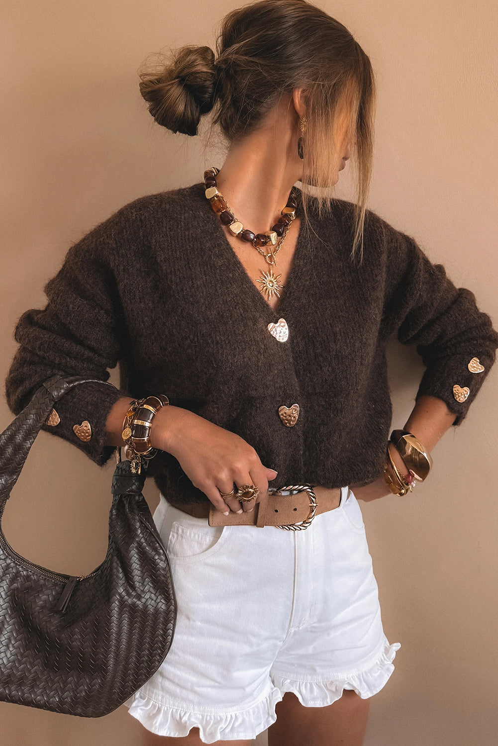 Fiery Red Heart Metal Button V Neck Cardigan Sweater