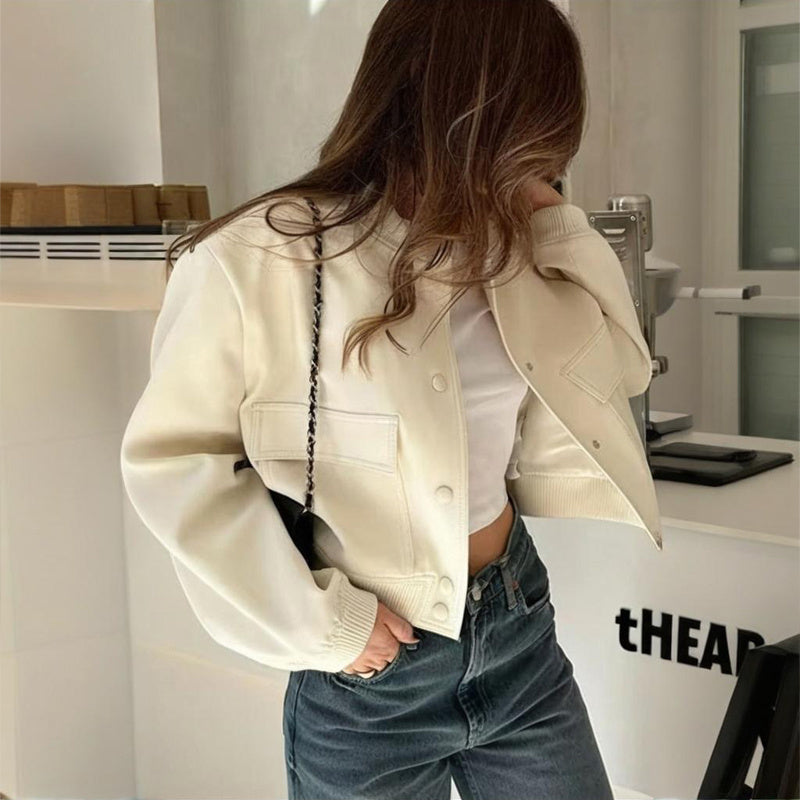 Chaqueta de béisbol de manga larga de color liso para mujer