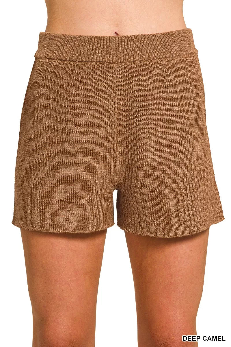 Zenana Round Neck Knit Top and Shorts Sweater Set in Camel