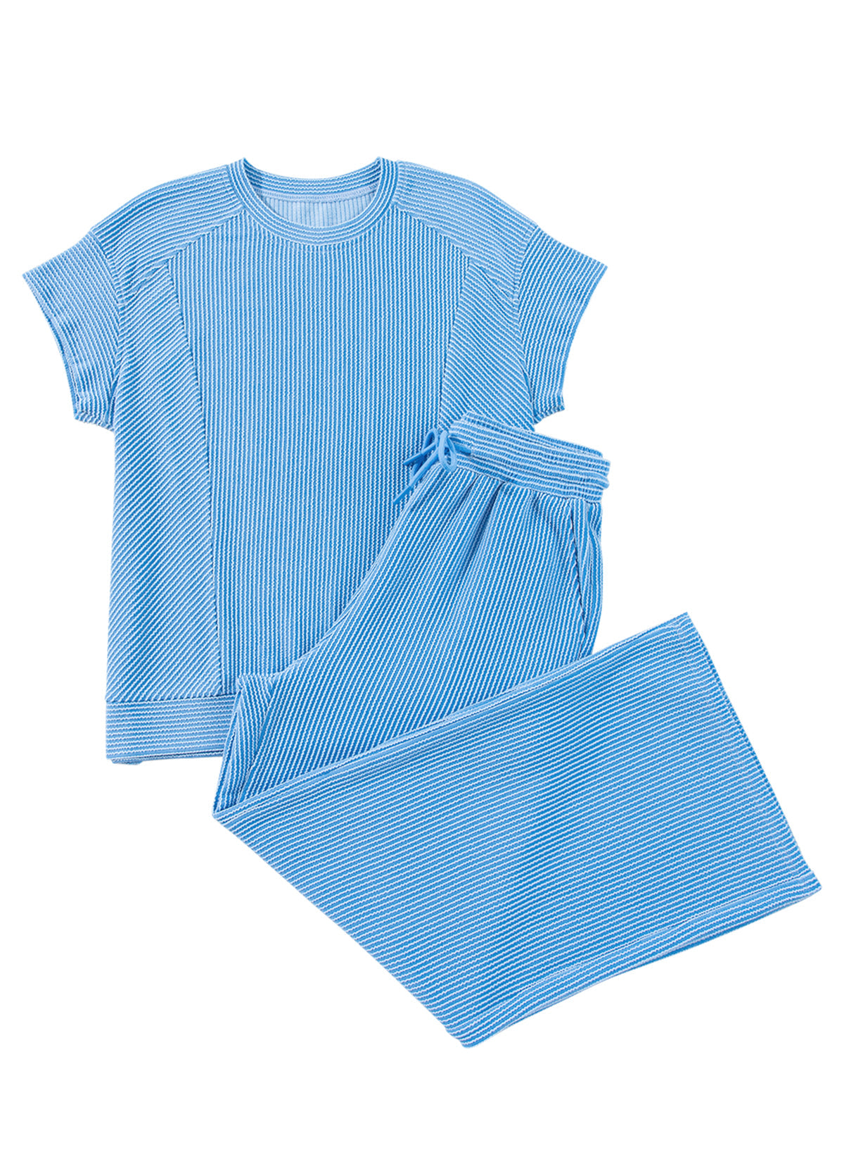 Wild Wind Solid Corded Short Sleeve Shirt and Wide Leg Pants Set
