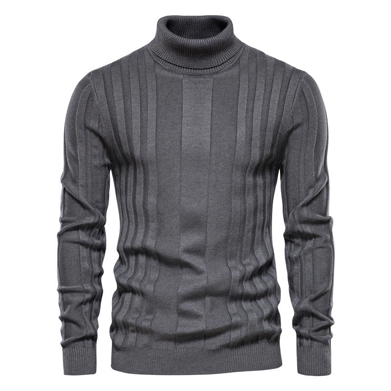 New Men's High-Neck Casual Knit Warm Base Sweater, Solid Color Pullover, Plus Size Slim Fit