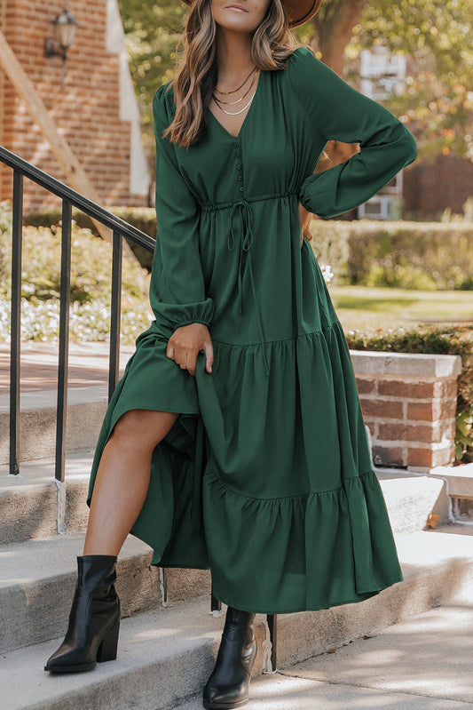 Vestido maxi escalonado con cuello en V y botones de manga larga, liso, verde negruzco