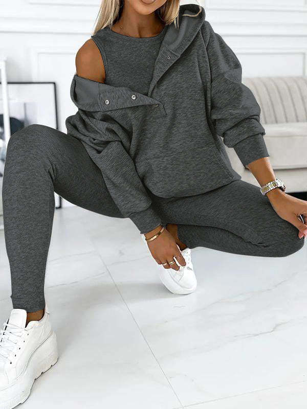Sudadera informal con capucha, chaleco ajustado con hilo engrosado y pantalones, conjunto de tres piezas. Consulta la tabla de tallas en "más detalles".