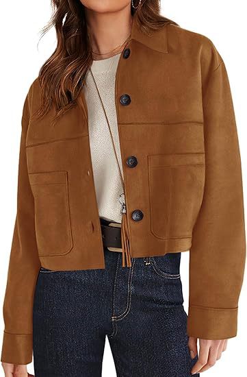 Women's Faux Suede Short Jacket Lightweight Casual Winter Autumn Outerwear Clothing