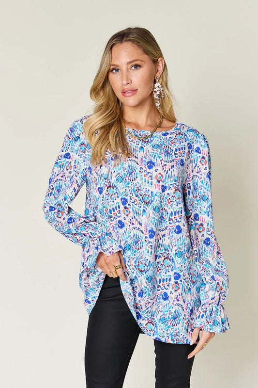 Blusa de manga con volante estampada de talla completa Double Take