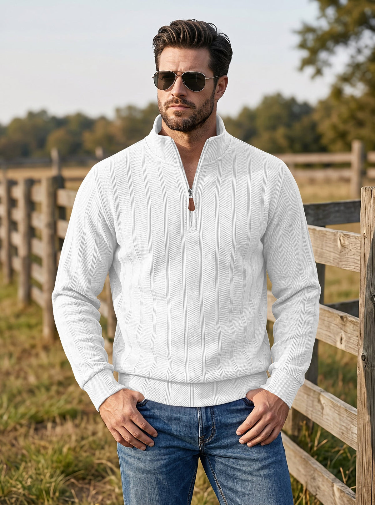 Cross-border TK Men's Vertical Stripe Waffle Half-Zip Stand Collar Long Sleeve Top, Solid Color Casual Pullover American Sweatshirt