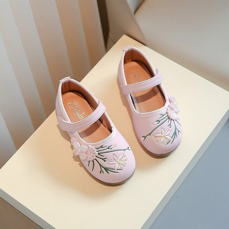 Ancient Style Girls Shoes, New Chinese Style Embroidered Flats, Spring And Autumn Hanfu Traditional Costume Shoes For Kids