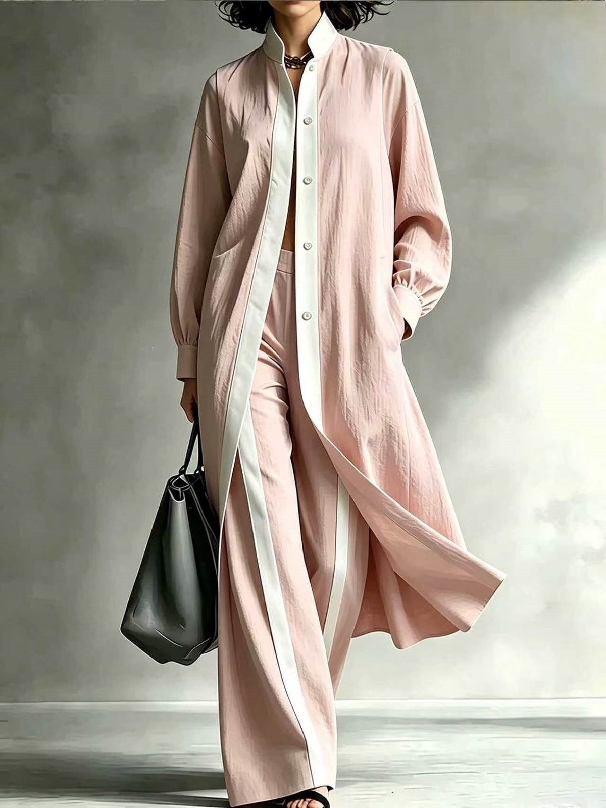 Womens Color-Block Loose-Fit Fashion Long-Sleeve Coat And Pants Set