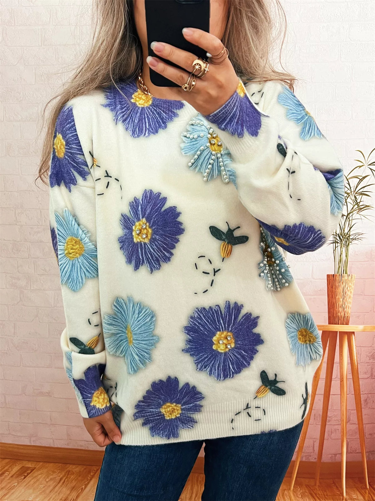 Pearl Detail Flower Round Neck Sweater