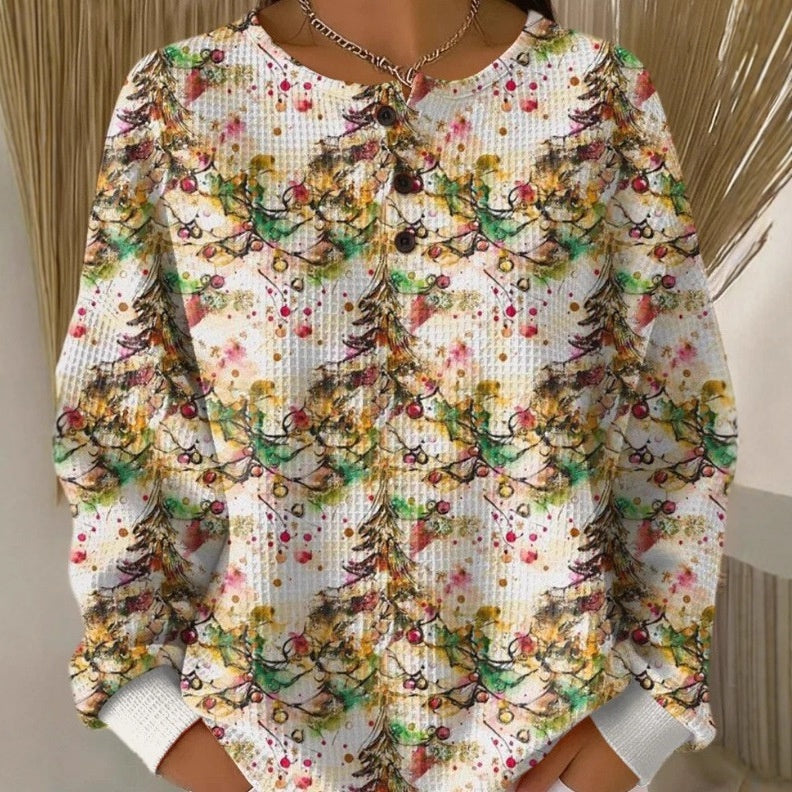 Retro 3D Digital Print Three-button Stand Collar Top