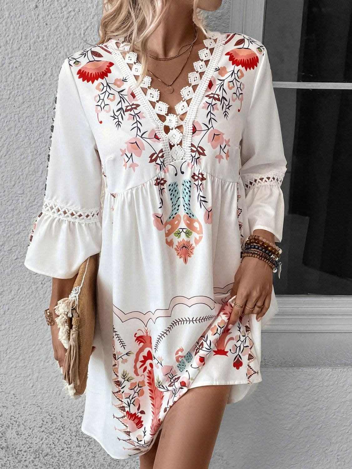 Dresses Trendsi Lace Printed Three-Quarter Dress with Sheer Elegan