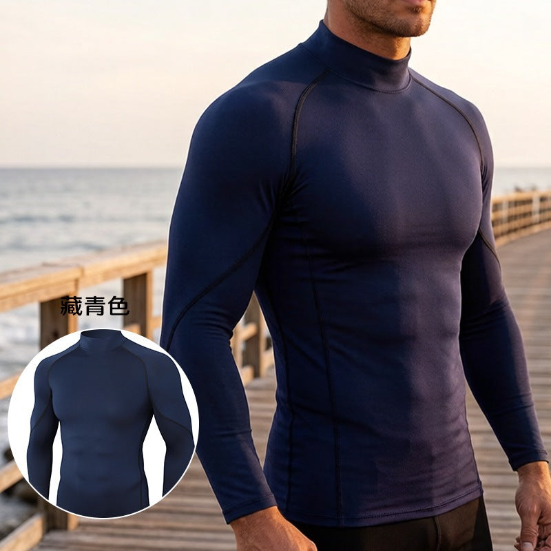 Cross-border Explosions Outdoor Sports Fitness Clothes Men's Running High Collar Long Sleeve Moisture-absorbing Quick-drying Clothes Training Tight Clothes Men