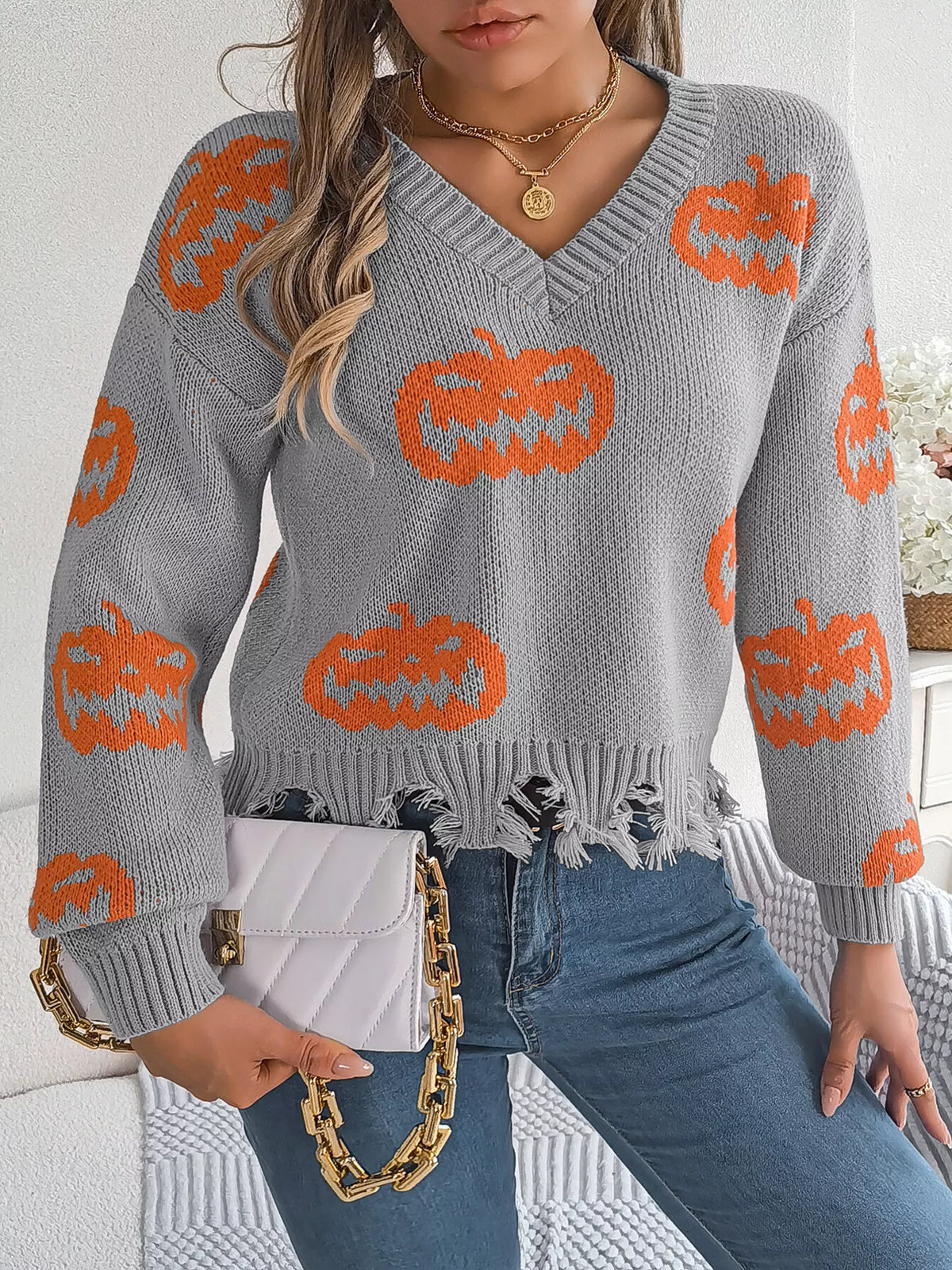 Halloween Pumpkin Pattern Raw Hem V-Neck Sweater