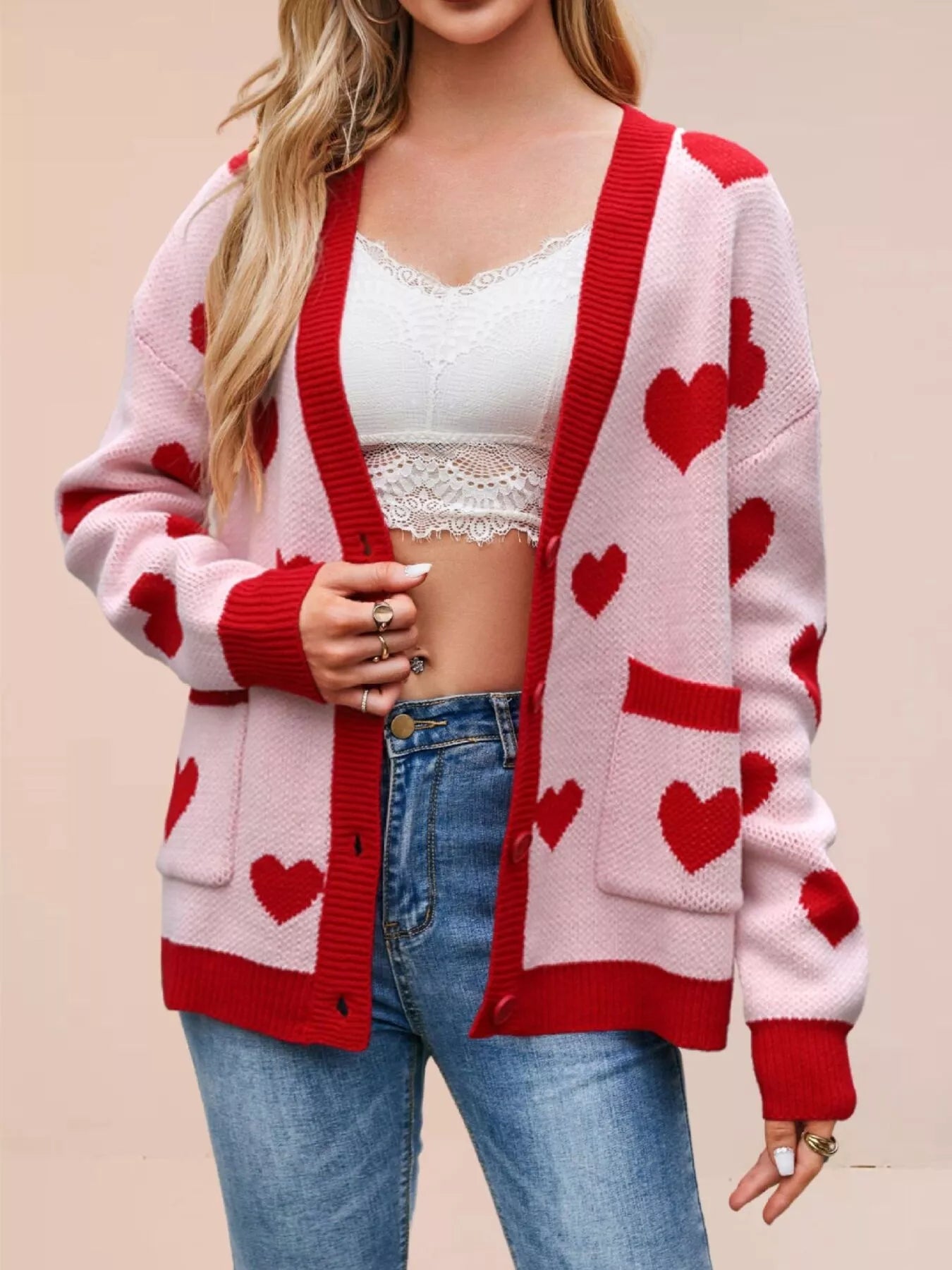 Heart Pattern V-Neck Button-Down Knit Cardigan