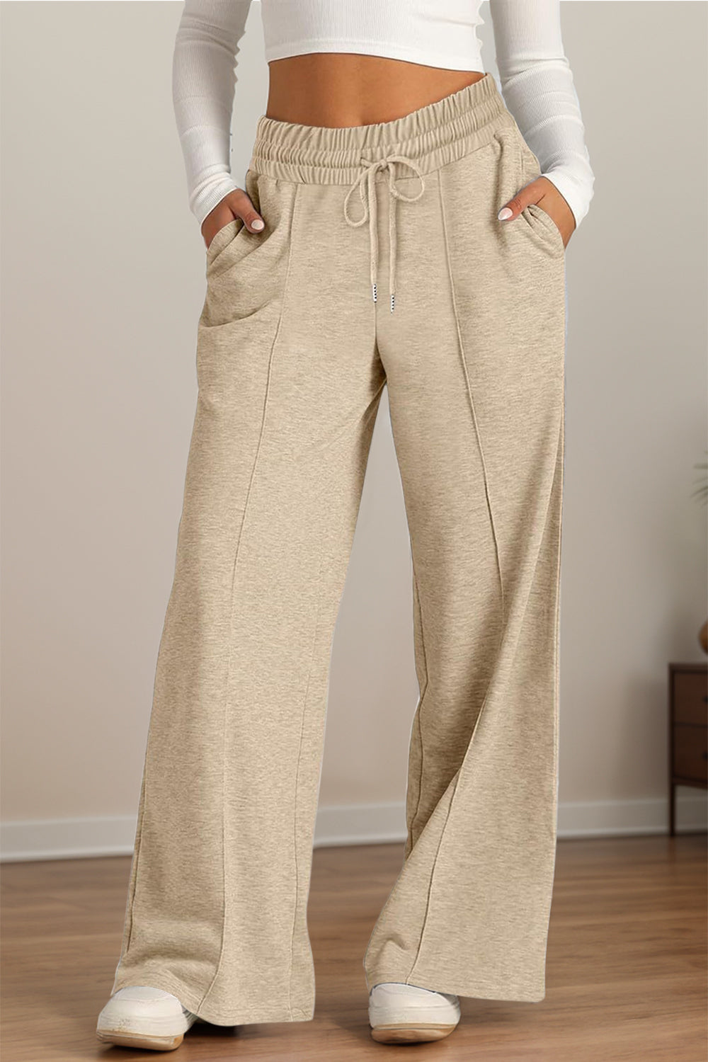 Pantalones de pernera ancha con cintura elástica y cordón ajustable