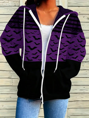 Women's Halloween-themed Printed Zip-up Hooded Jacket, Casual Long-sleeve Top, New Autumn American-style Sweatshirt
