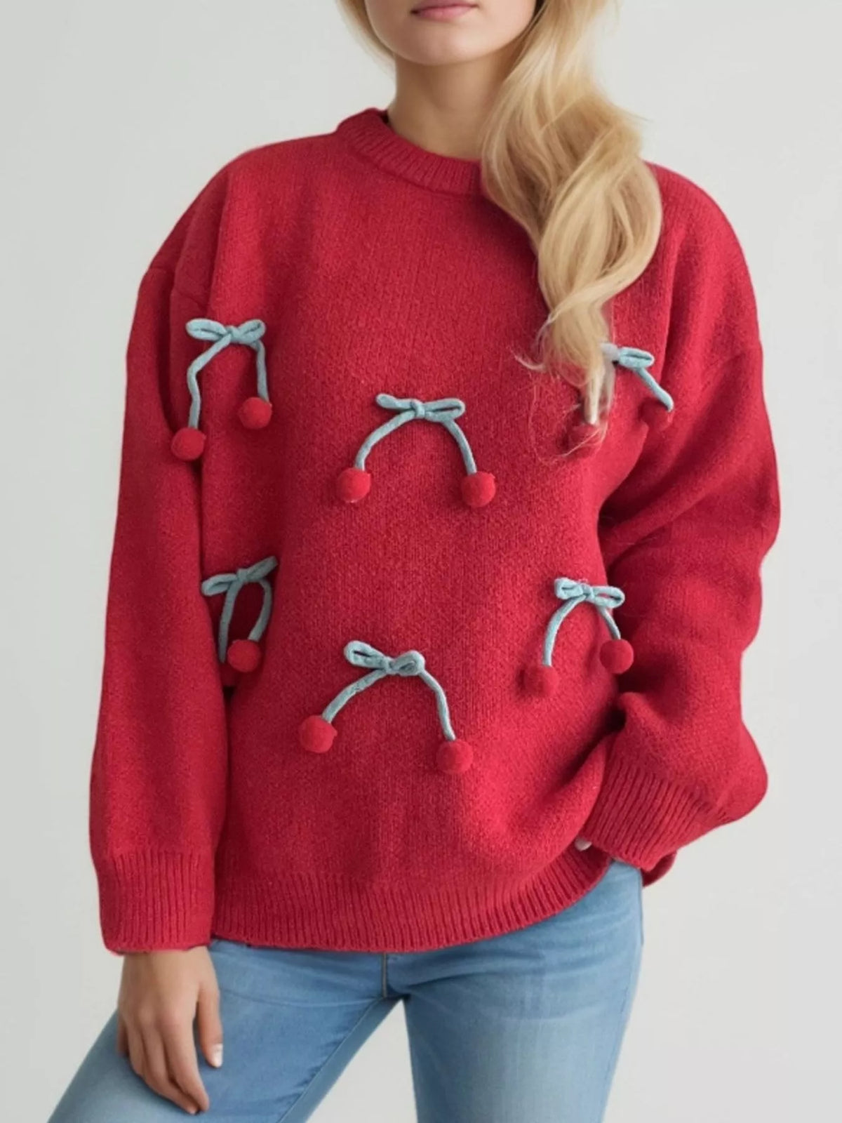 Cherry Pom-Pom Knit Round Neck Sweater