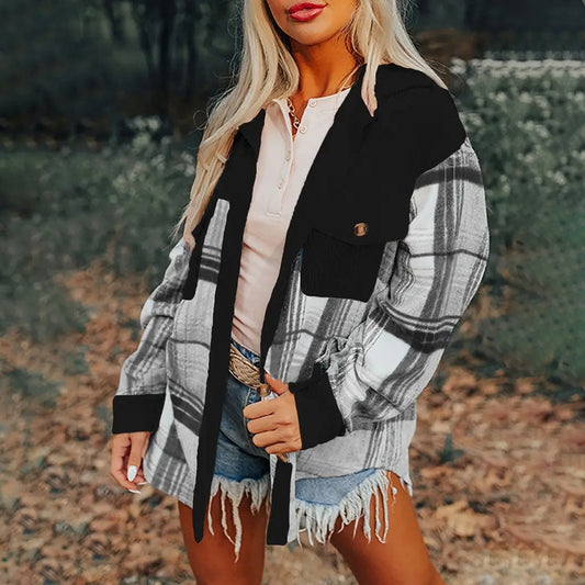 Camisa de manga larga con estampado de cuadros y cuello con muesca para mujer