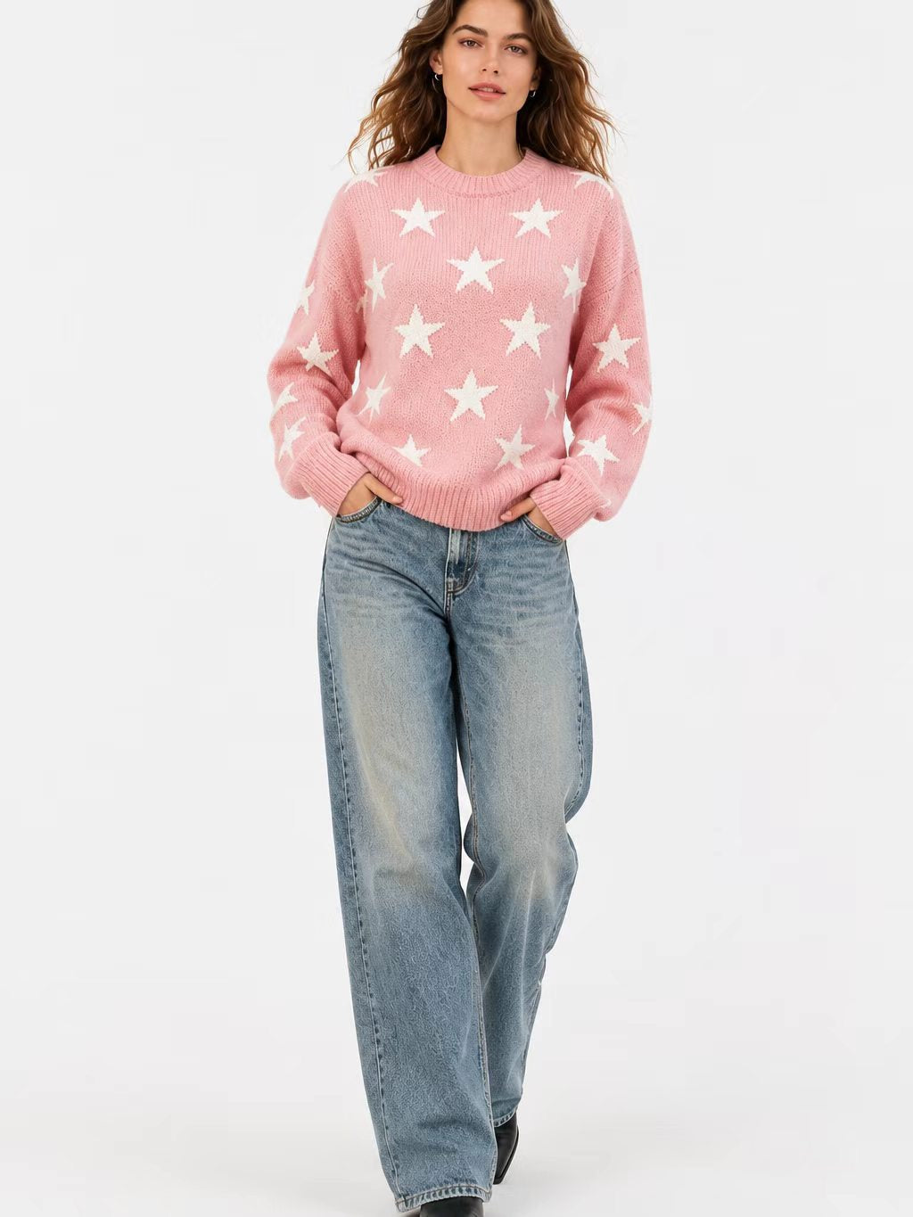 Womens Retro American-Style Star Jacquard Crew-Neck Sweater
