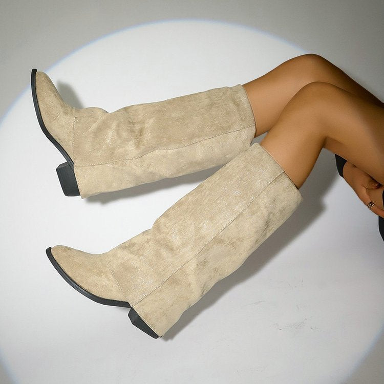 Women's Suede Pointed-Toe Chunky Sole Boots