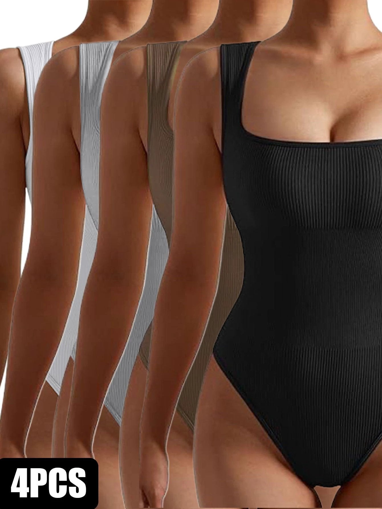 4 Pack Women body suit  One Piece Bodycon Unitards Tummy Control Bodysuit Square neck