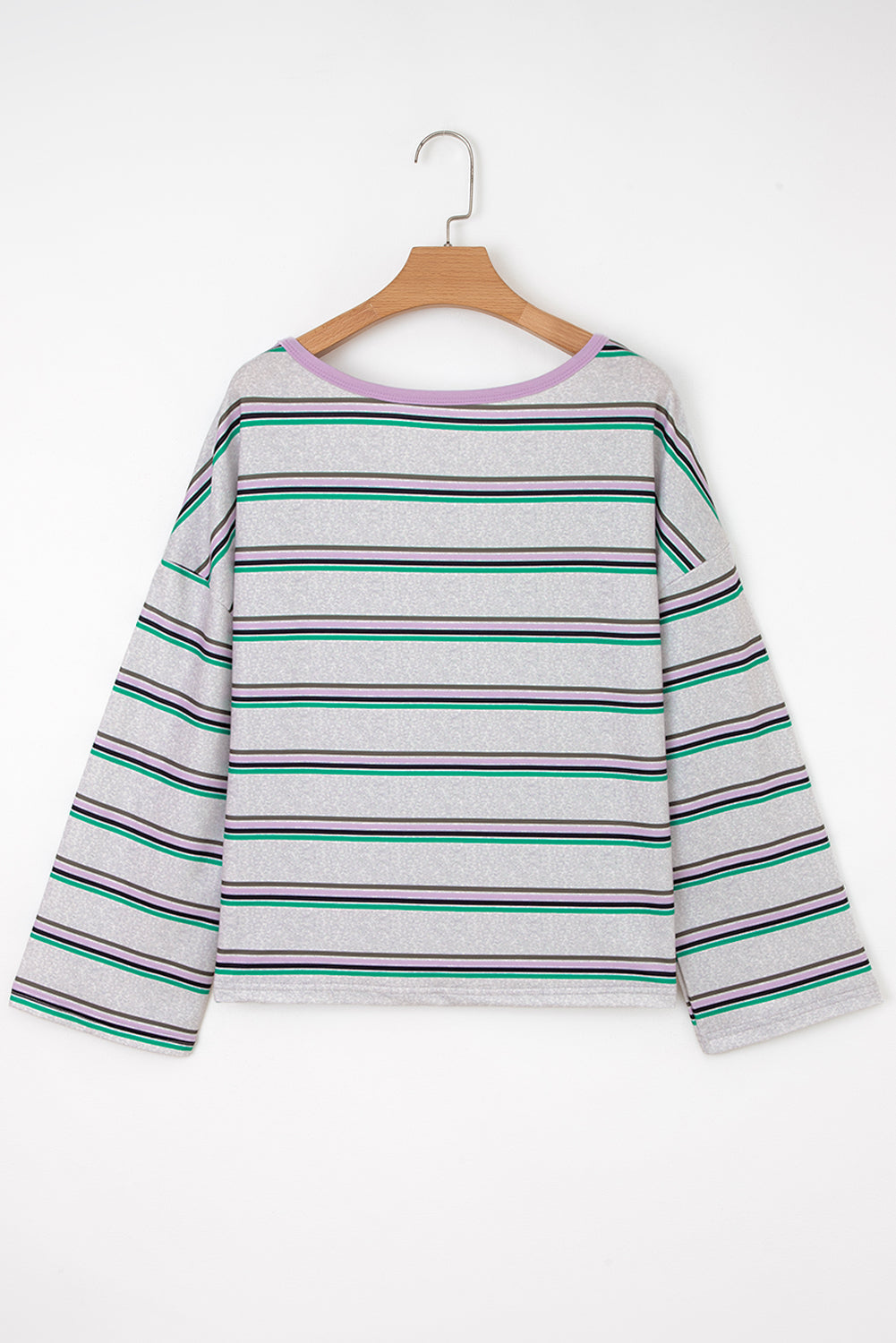 Top informal de manga larga con hombros caídos y rayas moradas de talla grande