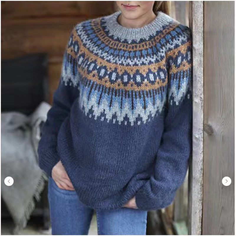 Round Neck Pullover Jacquard Vintage Print Sweater