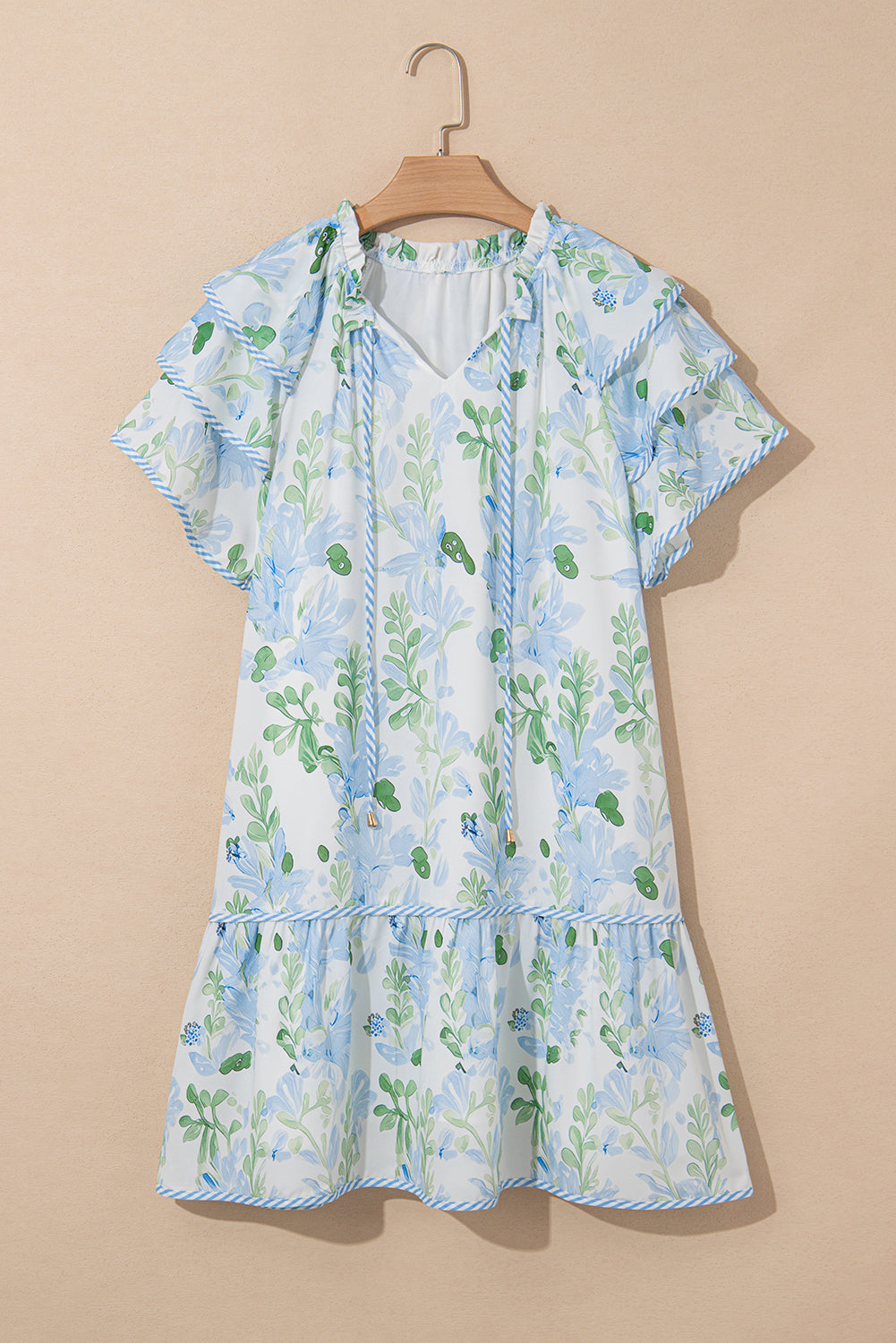 Minivestido de manga corta con capas y ribete en contraste floral azul cielo