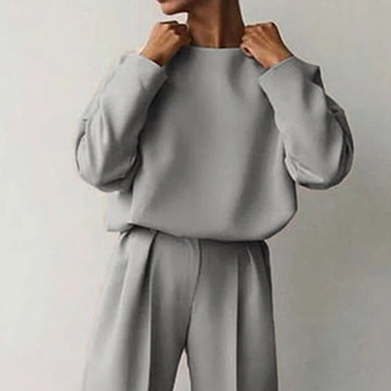 Conjunto de 2 piezas de color liso para mujer: top de manga larga y pantalón plisado para estar en casa