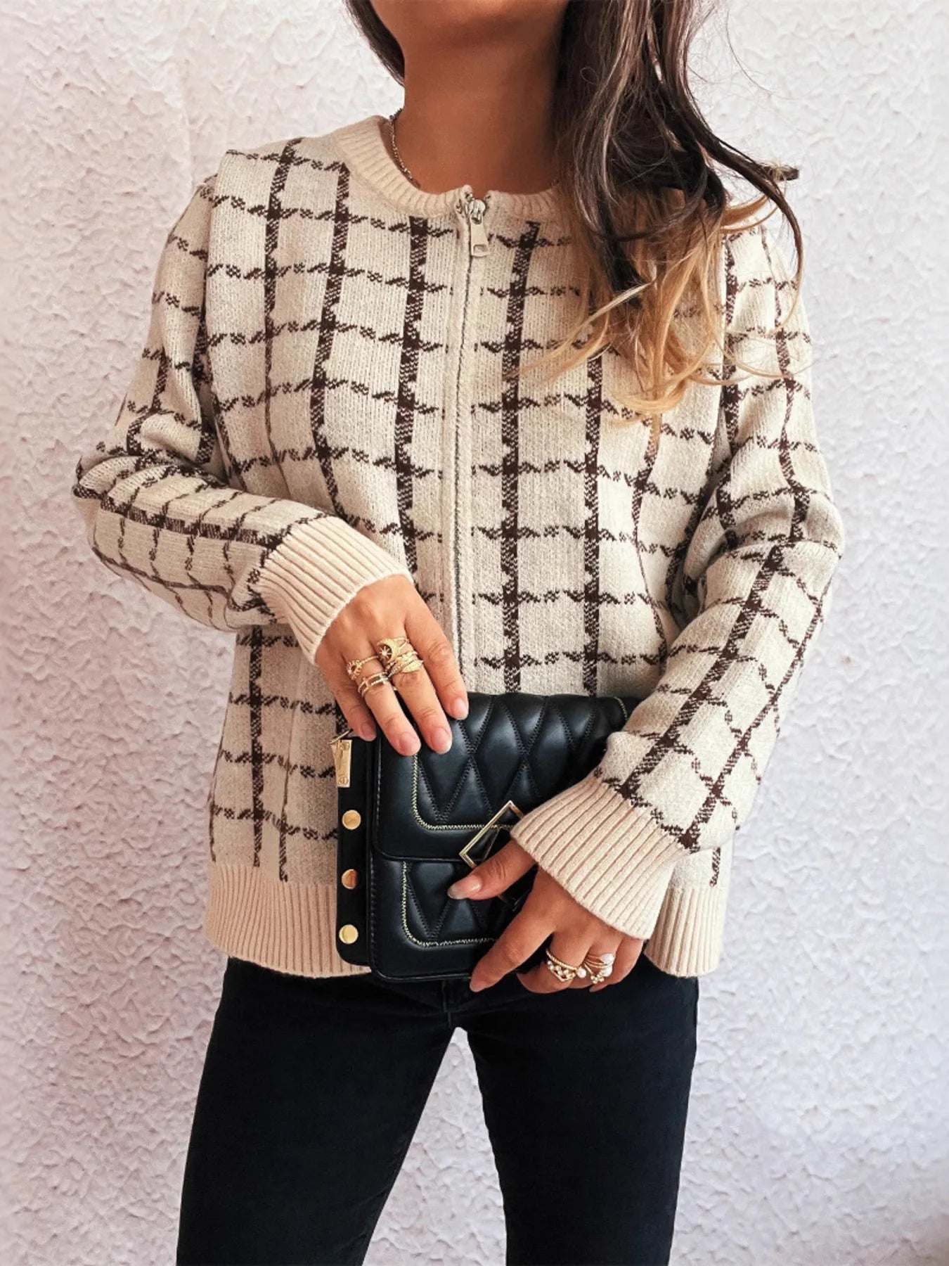 Plaid Pattern Zip Up Cardigan