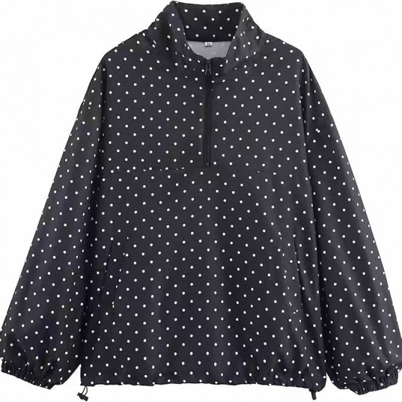 Fashionable Polka-dot Half-zip Loose-fit Hoodie Jacket